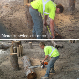 Before any cuts are taken, the crew measures every log that will be put in place on the structures created